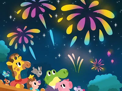 Fireworks 2024 animal animals cute firework illustration illustrator kidlit kids toddler