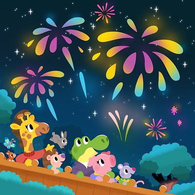 Fireworks 2024 animal animals cute firework illustration illustrator kidlit kids toddler