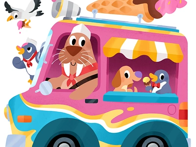 Bringing smiles and scoops to everyone in town! animal animals car cute ice cream illustration kidlit kids toddler truck vehicle