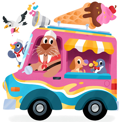 Bringing smiles and scoops to everyone in town! animal animals car cute ice cream illustration kidlit kids toddler truck vehicle