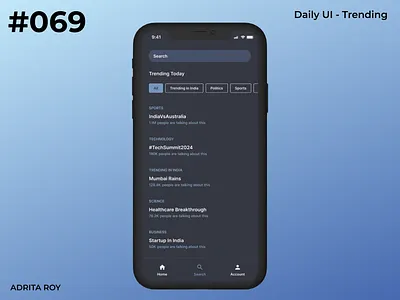 DailyUI 069 - Trending dailychallenge dailyui design designer figma mobile mobile ui news product design tabs trending ui ui design ux