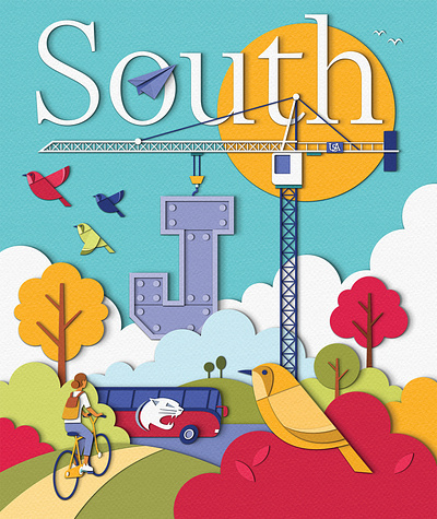 South Magazine - Ready Steady South bicycle bike birds bus college cover editorial illustration magazine nature paper craft papercut transport trees university