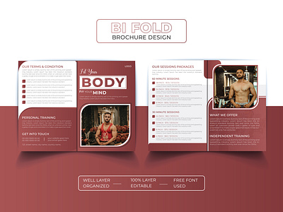 Gym and fitness bifold brochure design template a4 a4 brochure bifold bifold brochure body brochure brochure design brochure template business fitness fitness brochure gym gym brochure gymnasium marketing print print design template trainers workout