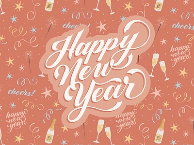 Happy New Year Pattern Collection 2025 art licensing celebrate celebration champagne cheers confetti design drawing handlettering happy new year illustration lettering pattern collection pattern design seamless pattern sparklers star type typography