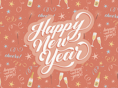 Happy New Year Pattern Collection 2025 art licensing celebrate celebration champagne cheers confetti design drawing handlettering happy new year illustration lettering pattern collection pattern design seamless pattern sparklers star type typography