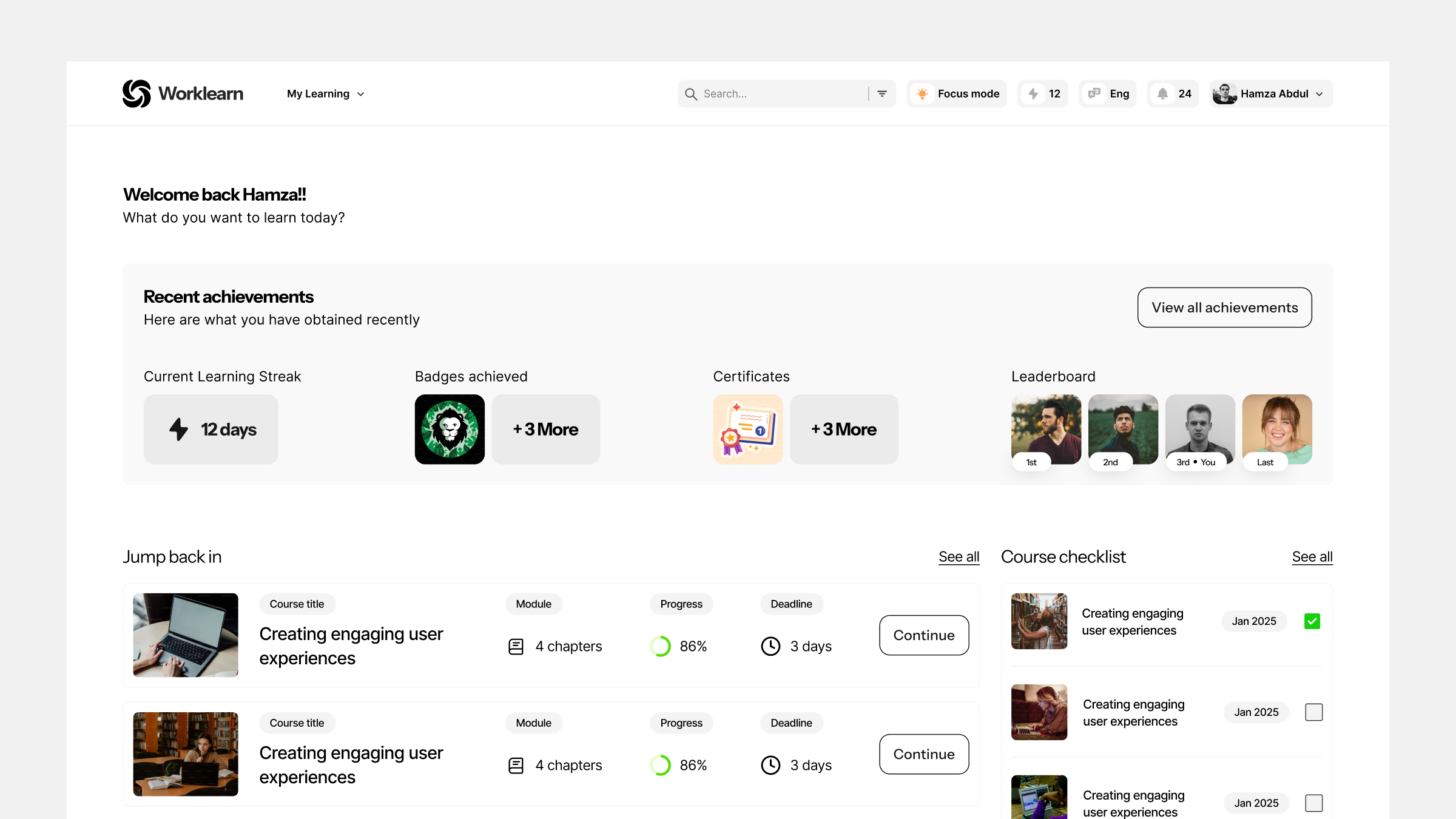 Learning management system dashboard ui