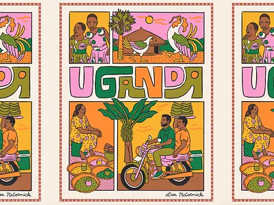 Uganda Illustration africa branding chickens colorful community editorial illustration jungle lettering market nature outdoors people portrait rural storytelling travel type uganda village