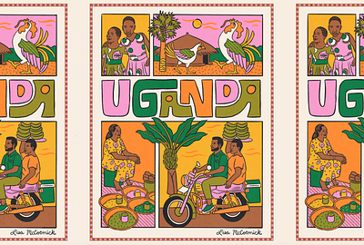 Uganda Illustration africa branding chickens colorful community editorial illustration jungle lettering market nature outdoors people portrait rural storytelling travel type uganda village