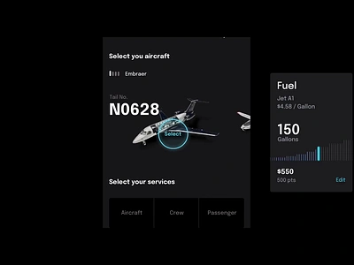 Signature Aviation aircraft blue card design dark ui flight fuel glow hangar highlight interaction interaction design interface ixd passenger pilot plane prototype selection selector ui design