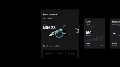 Signature Aviation aircraft blue card design dark ui flight fuel glow hangar highlight interaction interaction design interface ixd passenger pilot plane prototype selection selector ui design