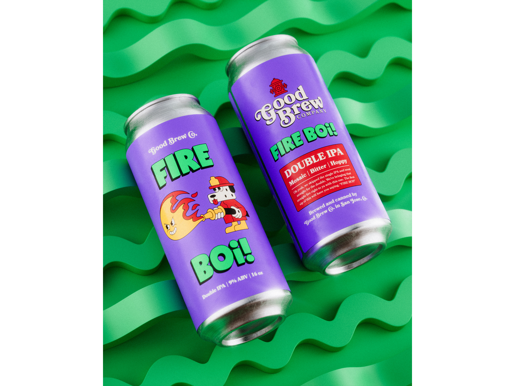 Fire Boi! - Good Brew Co. - 3D Render 3d beer beer can beer can label beer label branding brewery c4d craft beer craft brewery dalmation double ipa fire graphic design illustration label logo packaging product photography redshift