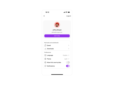 Settings ⚙️ appdesign avatar button configurations figma interface mobile mobile app product productdesign purple settings toggle ui user experience user interface ux webdesign white white mode