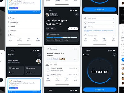 Productivity Mobile App UI/UX - Full Screen calendar daily ios mobile app mobile app design mobile design planing planing app product design productive productive mobile app productivity app reminder saas schedule task task management task management app to do list uiux