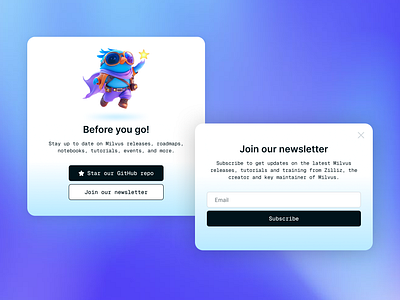 Star us on GitHub, Milvus Popup, and newsletter subscriptions. bird github popup ui website