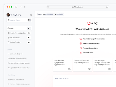 AFC Health Assistant - Modern Health Support AI ai app assistant calorie chat clean dashboard health healthcare medical minimal mobile modern product recommendation responsive suggestion tracker web wellness