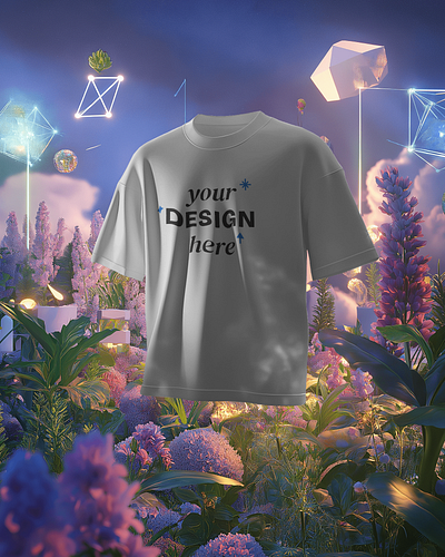 3D t-shirt-Mockup Floating in surreal Garden free mockup t shirt mockup t shirt mockup