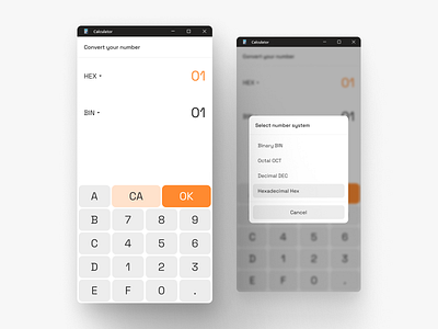 Number system converter - Desktop app app button design desktop dropdown features input modal orange overlay product design ui ux