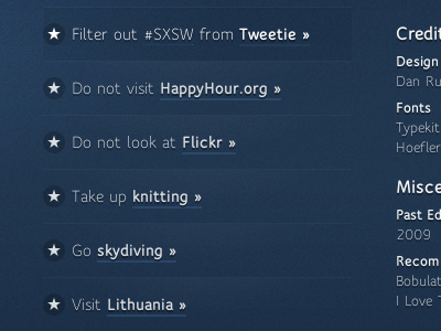 How to have fun when all your friends are at SXSW blue circle css3 ff speak web pro gradient list noise rgba rounded corners star sxsw text shadow typekit ul