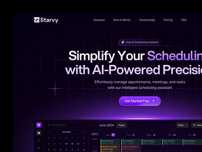 Starvy - AI Marketing Website Hero Section agenda ai appointment artificial intelligence assistant business calendar dark gradient hero section landingpage management meeting plan purple saas schedule ui ux website