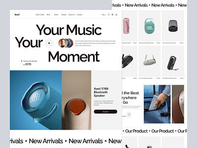 Music E-commerce Website bluetooth speaker cart e commerce e commerce ui e commerce website ecommerce web ecommercedesign electronic interface landing page minimal music e commerce website musiclovers product design scrolling speaker sujon web design webdesign website