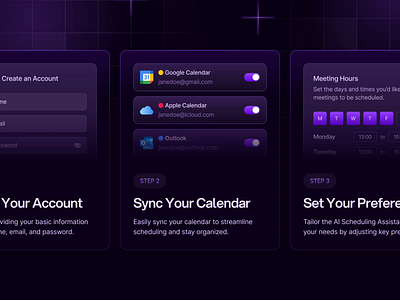 Starvy - AI SaaS Website How It Works Section agenda ai appointment artficial intelligence assistant dark field gradient landingpage management organize purple saas schedule service steps time setting toggle uiux website