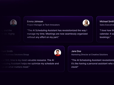 Starvy - AI Startup Website Testimonials Section agenda ai appointment artficial intelligence assistant business card dark gradient landingpage management meeting plan purple saas schedule testimonials section ui ux website