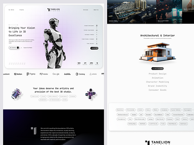 Tanelion 3D Studios Landing Page 3d agency black black white black white clean creative design front end illustration landing page minimalist monochrome studio ui website white