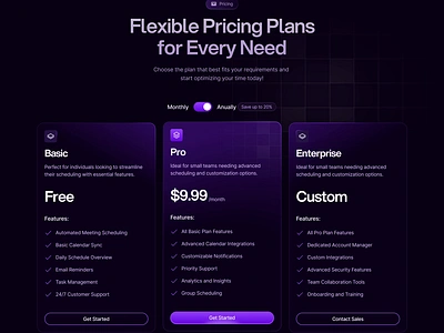 Starvy - AI SaaS Website Pricing Section ai appointment artficial intelligence assistant business dark gradient landingpage list meeting organize price pricing section purple saas schedule service ui ux website