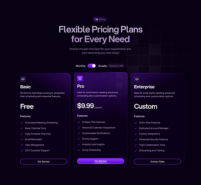 Starvy - AI SaaS Website Pricing Section ai appointment artficial intelligence assistant business dark gradient landingpage list meeting organize price pricing section purple saas schedule service ui ux website