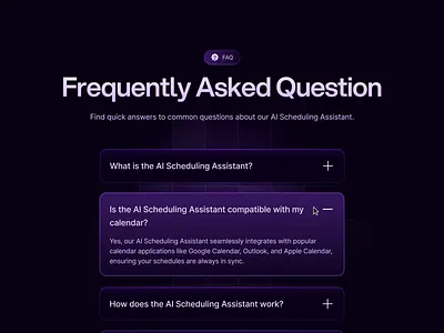 Starvy - AI SaaS Website FAQ Section agenda ai appointment artficial intelligence business dark dropdown faq gradient landingpage management meeting plan purple saas schedule service ui ux website