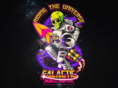 GALACTIC SWELL HUNTER - ALIEN VECTOR ILLUSTRATION alien art branding design galaxy graphic design illustration logo space surf surfing universe vector