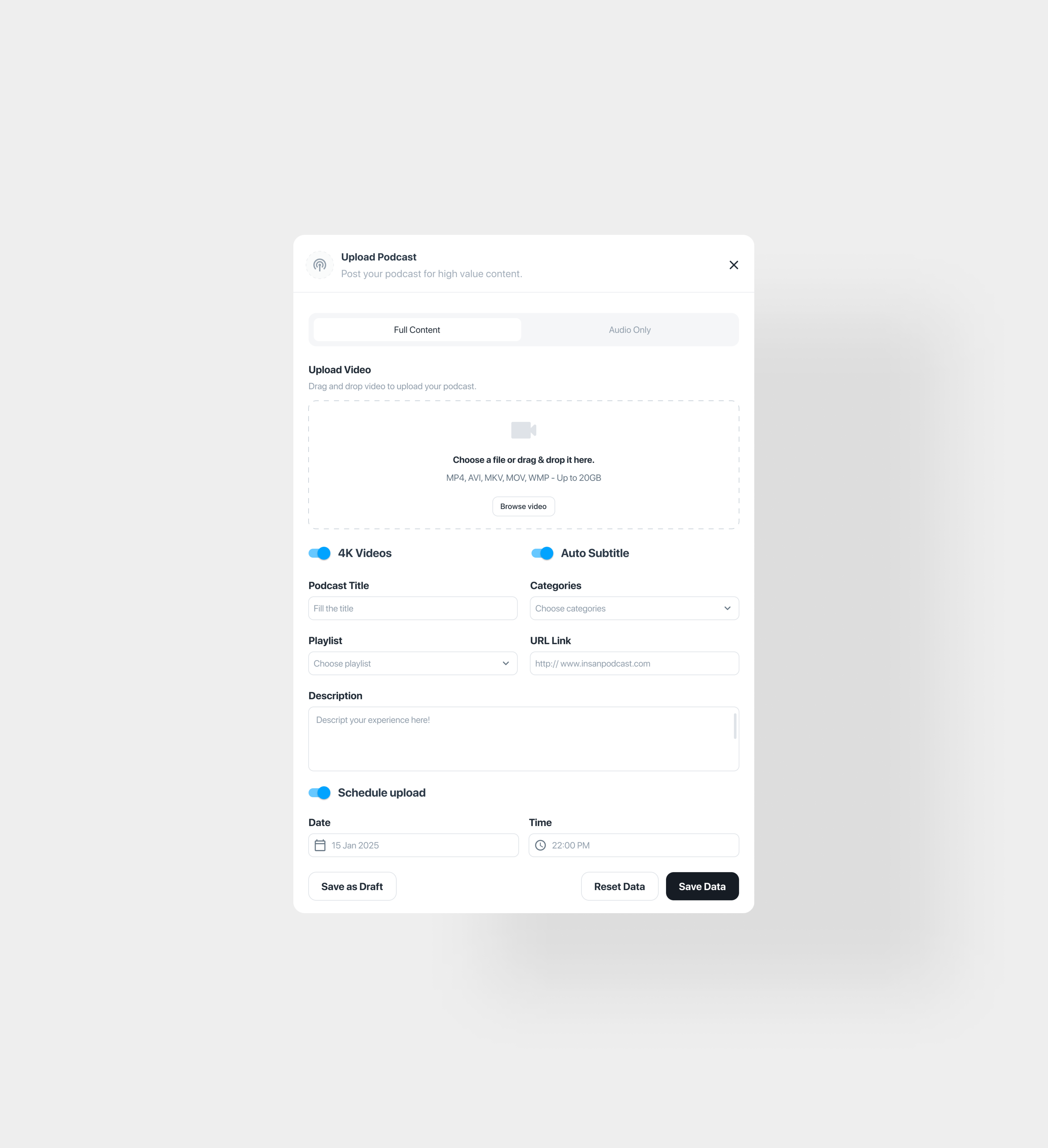 Upload your podcast 📤🎙️ branding button clean design europe illustration indonesia designer logo modal neat podcast popup tab ui uidesign upload ux video