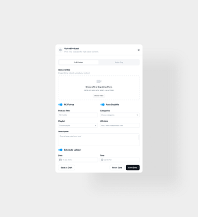 Upload your podcast 📤🎙️ branding button clean design europe illustration indonesia designer logo modal neat podcast popup tab ui uidesign upload ux video