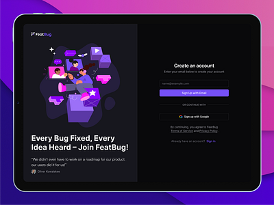 Creating account Featbug account apple creating darkmode design feature illustration ios ipad mobile modern pink purple registration sign in sign up ui web web app webapp