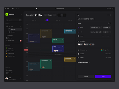 Calendar Dashboard app board calendar card components creator dark mode dashboard desktop drawer meeting modal modern product design retro saas schedule task ui ux