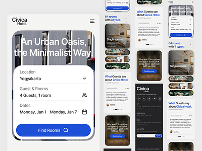 Landing Page Civica Hotel Mobile Version apartment app design blue branding clean look hotel landing page minimalis mobile app mobile design mobile version rent rental reservation ui ui design ui visual uiux ux website