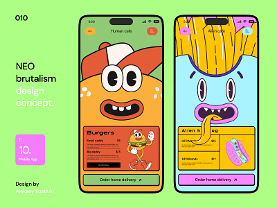 Neo brutalism mobile app concept app branding burger cafe creative design graphic design minimalism mobile neobrutalism ui необрутализм