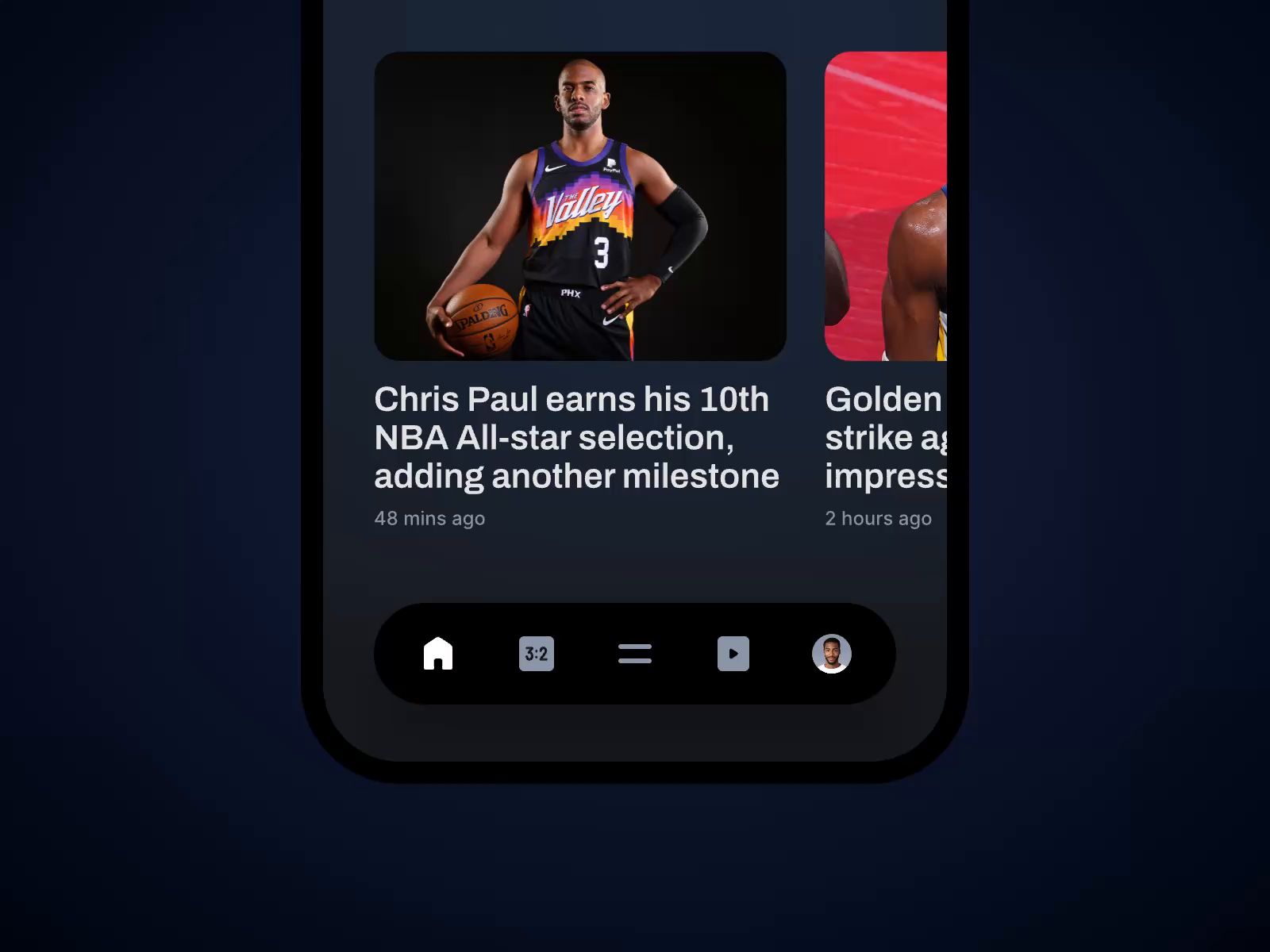 Example of Sports news app - Main navigation