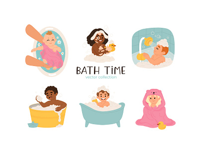 Bath time baby bath bathroom bathtime cartoon character child children concept cute design flat illustration kids little newborn toddler vector washing