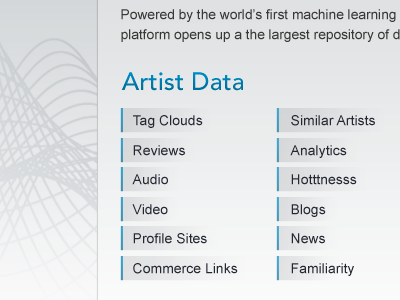 The Echo Nest website list music the echo nest website