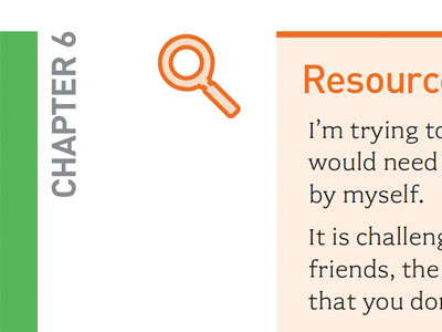 Tabs, resources, and call-outs. Oh my! book call outs chapter gray green icon interact magnifying glass orange print tab tyography type white