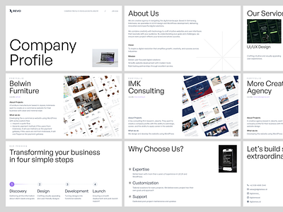 Minimal Company Profile - Revo apps design company company profile company profile deck compro deck designer graphic design investor investor deck minimal minimalist mobile design pitch deck ui uiux uiuxdesigner user interface ux website design