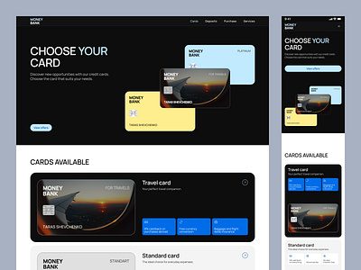 Bank page bank bank card bank page bento blocks blues card cards dark theme faq hero block informational page manrope minimal design mobile first typography ui uiux design web design web page