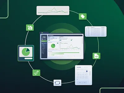 iVueit - Features animation calendar chart circle gradient graph green icon iconography line management modern mograph motion graphics platform rotate simple smart tech ui