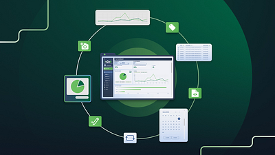 iVueit - Features animation calendar chart circle gradient graph green icon iconography line management modern mograph motion graphics platform rotate simple smart tech ui