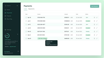 Payments | Table Design dashboard fintech saas startup ux