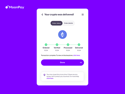 MoonPay - Order Status / Your crypto was delivered crypto product design ui uidesign ux uxdesign wallet web3 widget