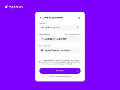 MoonPay - Order Confirmation - Crypto Widget crypto product design ui uidesign ux uxdesign wallet web3 widget