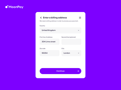 MoonPay - Billing Address billing address crypto moonpay product design ui ux wallet web3 widget