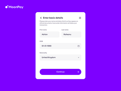 MoonPay - Enter Basic Personal Details crypto design moonpay product design ui ux wallet web3 widget